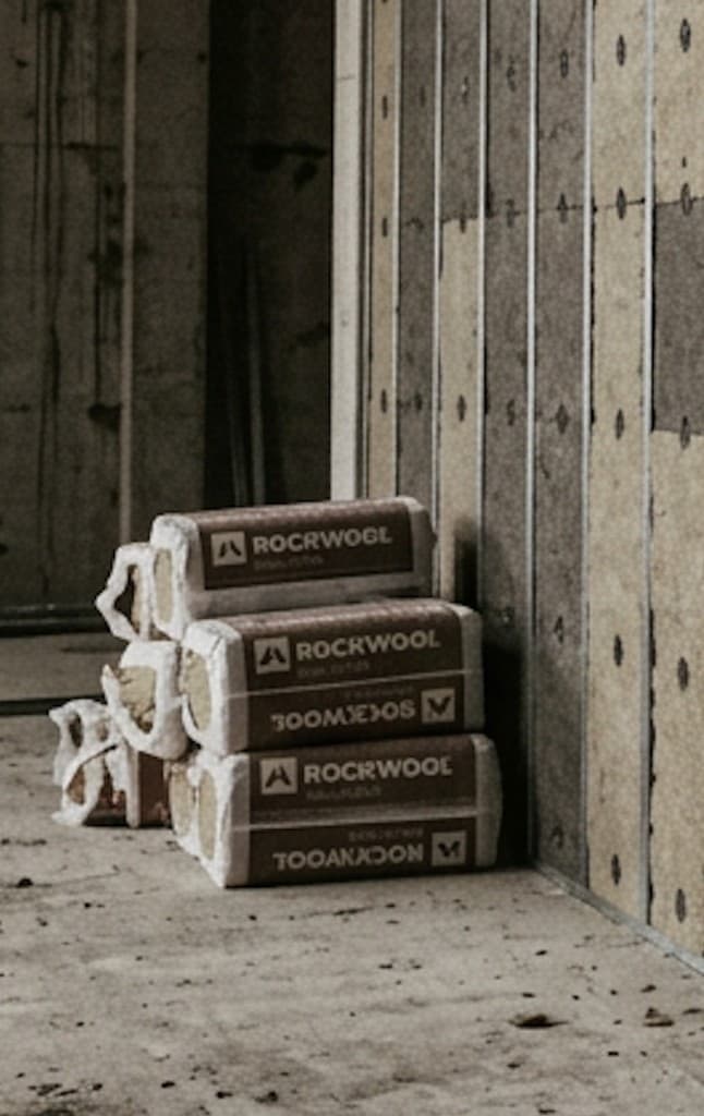 Substrate: Rockwool insulation batts staged beside the stud wall